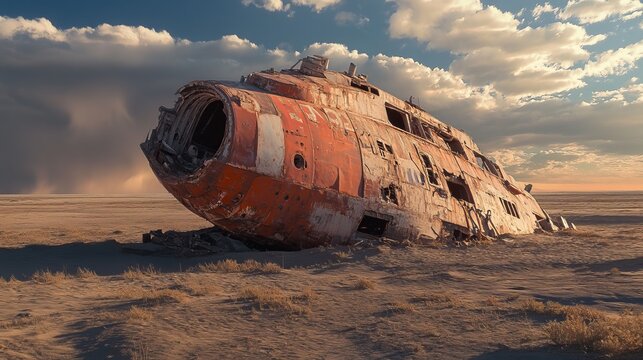 Rusty airplane wreck in a desolate desert landscape