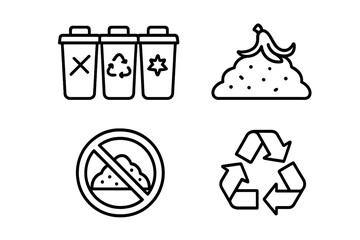 Waste management and recycling outline icon set. Icons for waste sorting bins, compost, zero waste, and sustainability. Eco friendly concept. Vector line art illustration.