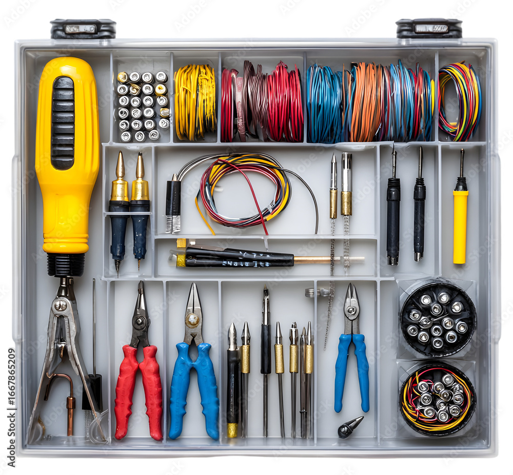 Poster organized toolkit featuring various tools, wires, and components for diy projects and repairs