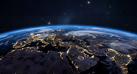 Obraz premium Earth at Night: Detailed global view from space showing bright city lights across Europe and the Middle East, with a prominent hurricane swirling over the Black Sea region and a starry cosmos.