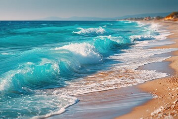 Turquoise waves crash on a sandy beach