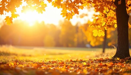 Autumn sunset landscape with vibrant orange leaves tranquil park nature photography serene environment low angle view seasonal beauty
