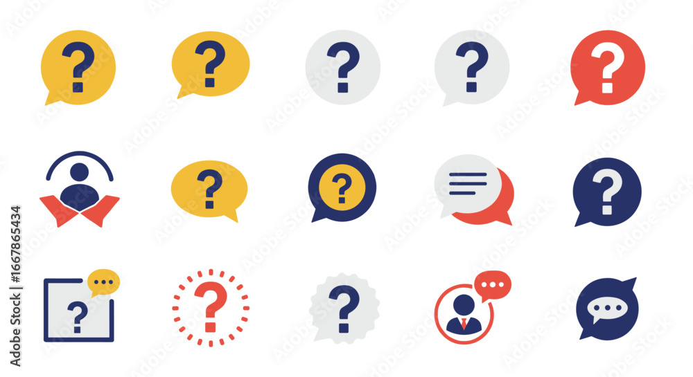 Poster colorful question mark icons set for communication and support themes