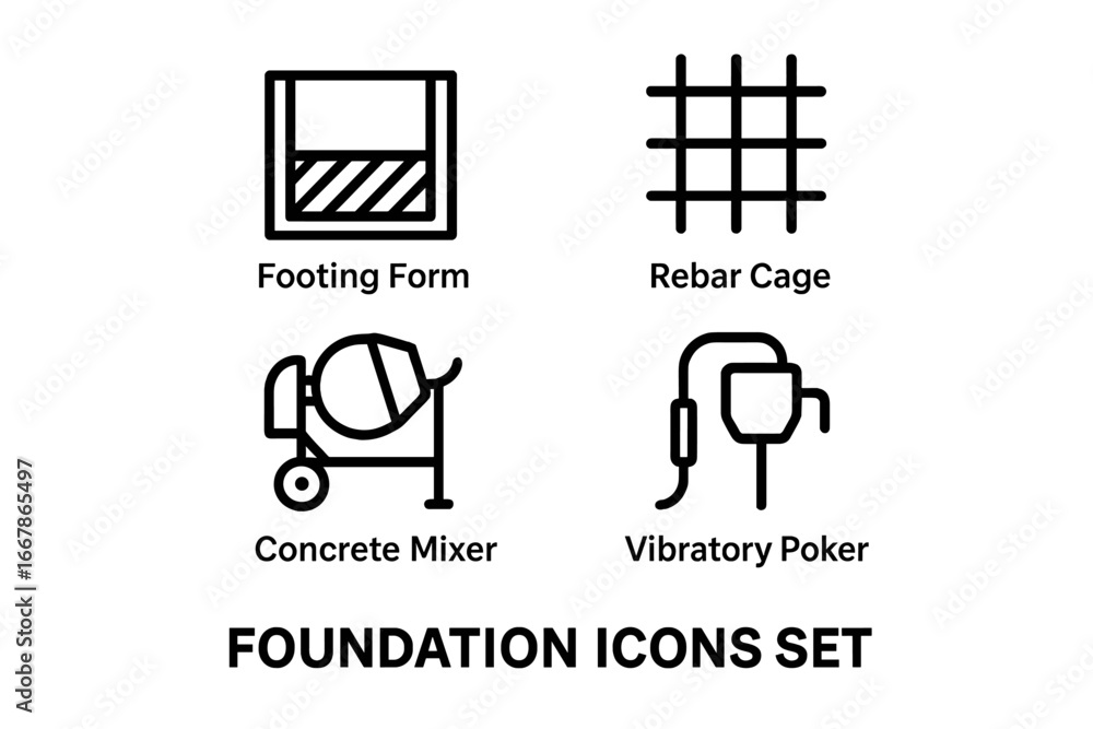 Poster foundation construction line icons set. vector symbols for building industry. includes footing form,