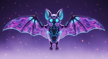 A futuristic cybernetic bat with glowing purple and blue circuits and wings against a starry purple background