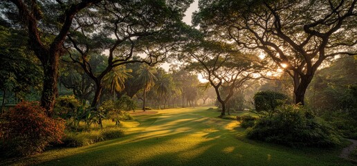 Lush golf course at sunrise