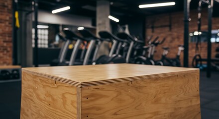 Mockup wooden plyometric box in a modern gym with cardio equipment commercial usage