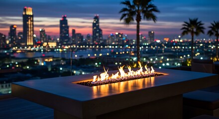 Mockup rooftop patio with fire pit overlooking a city skyline at dusk commercial usage