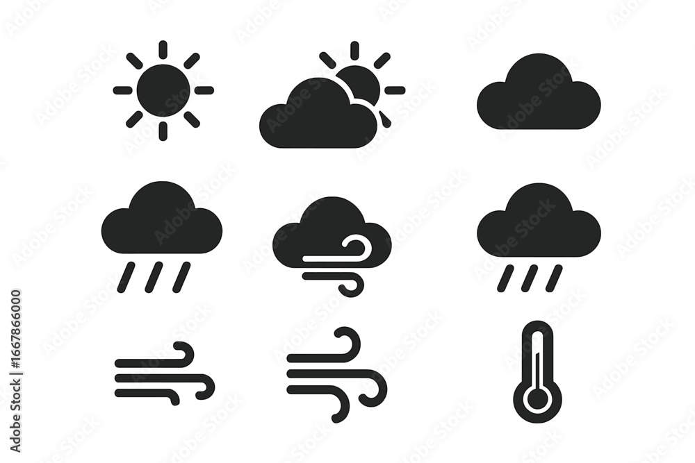 Poster weather icon set. solid glyph symbol collection for meteorology forecast app and web design. vector 