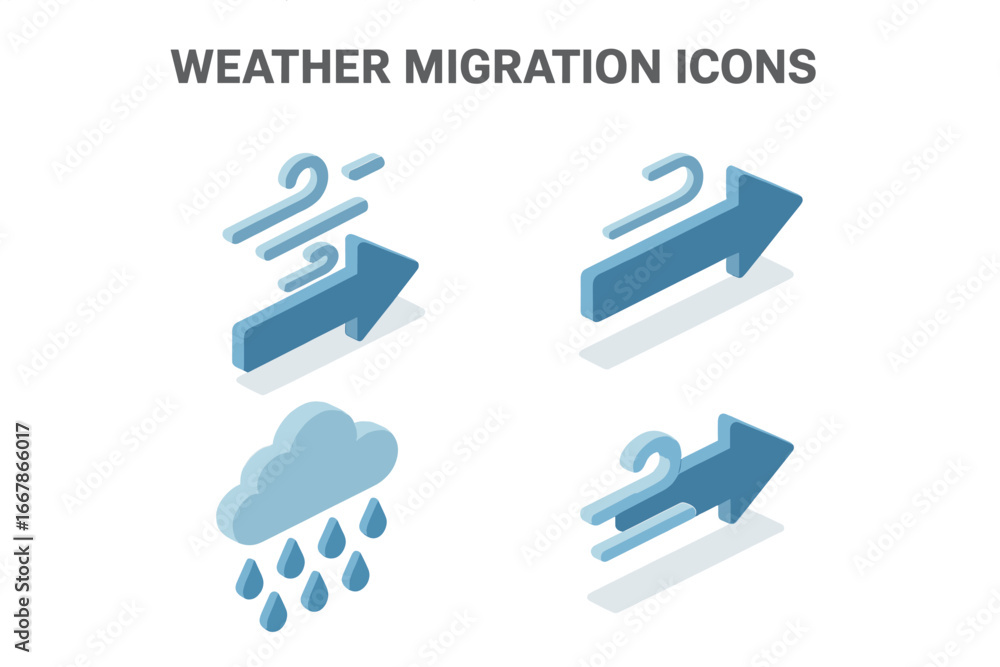 Poster weather migration icons isometric set. climate factors affecting migration and movement. headwind an