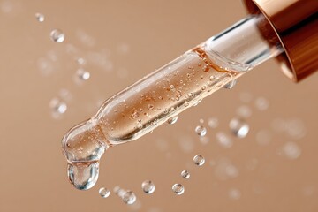 Droplet of serum falling from a clear glass dropper