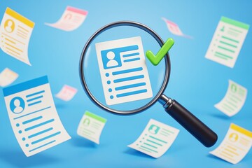Selected resume under magnifying glass with green check mark among floating documents on blue background in abstract business concept illustration.