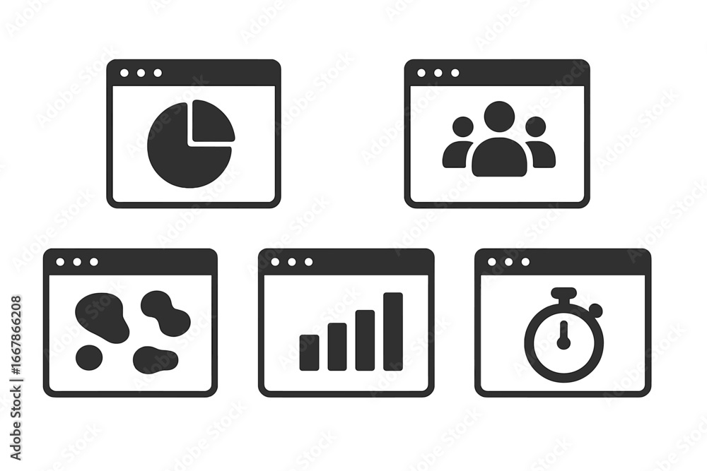 Aufkleber website analytics glyph icon set. vector symbols for data analysis, user demographics, heatmap, sess