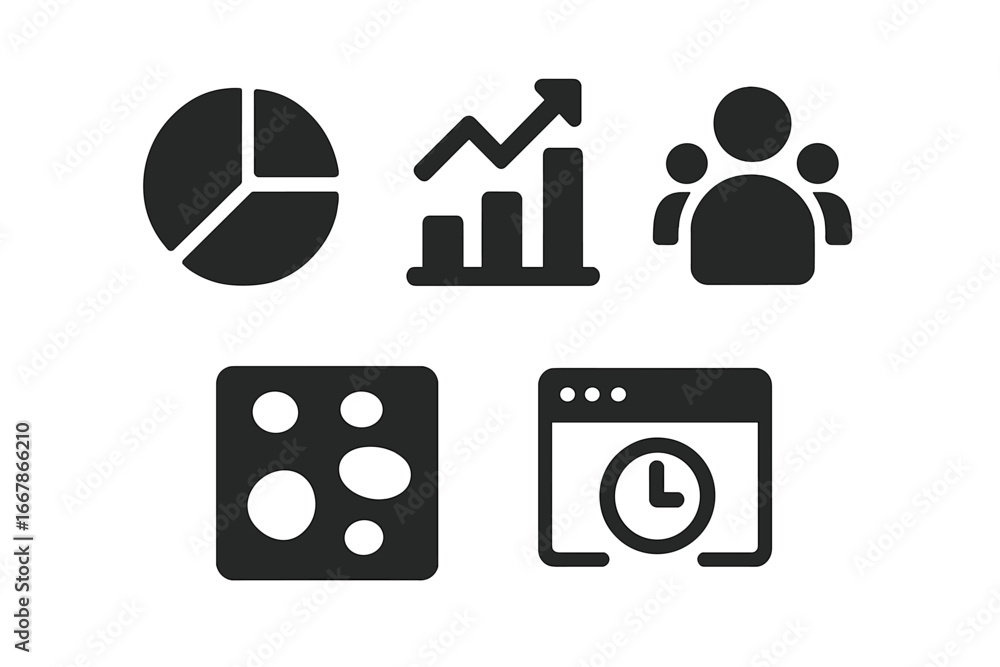 Poster website analytics vector icon set. solid glyph icons for seo and data analysis. pie chart, growth gr