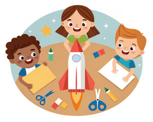 Creative STEM teaching blends art, design, and technology. Three children happily create a rocket model using colorful craft materials at a table.