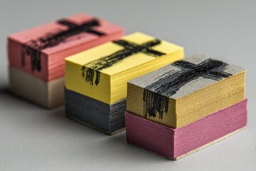Three small, stacked, colored blocks with cross designs