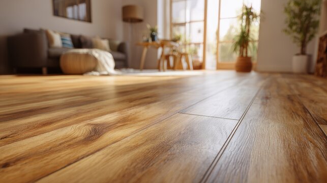 High-quality photo of low angle shot focuses on luxury vinyl plank flooring inside home. Floor wood planks create warm, cozy ambiance in house interior. Laminate parquet design.