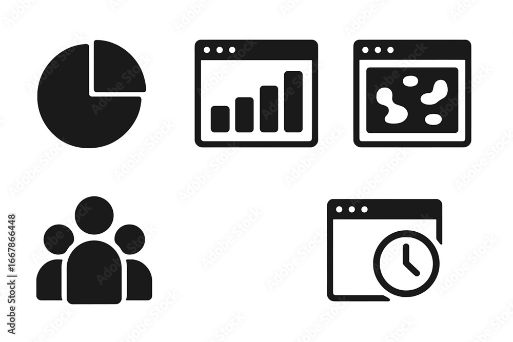 Poster website analytics solid glyph icon set. data analysis symbols collection. pie chart, bar graph, user