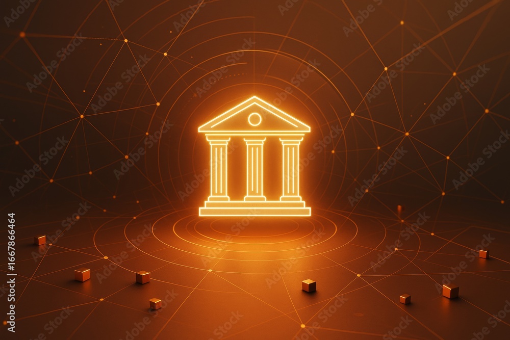 Aufkleber glowing digital bank icon with columns and triangular roof on a dark orange network cyber background