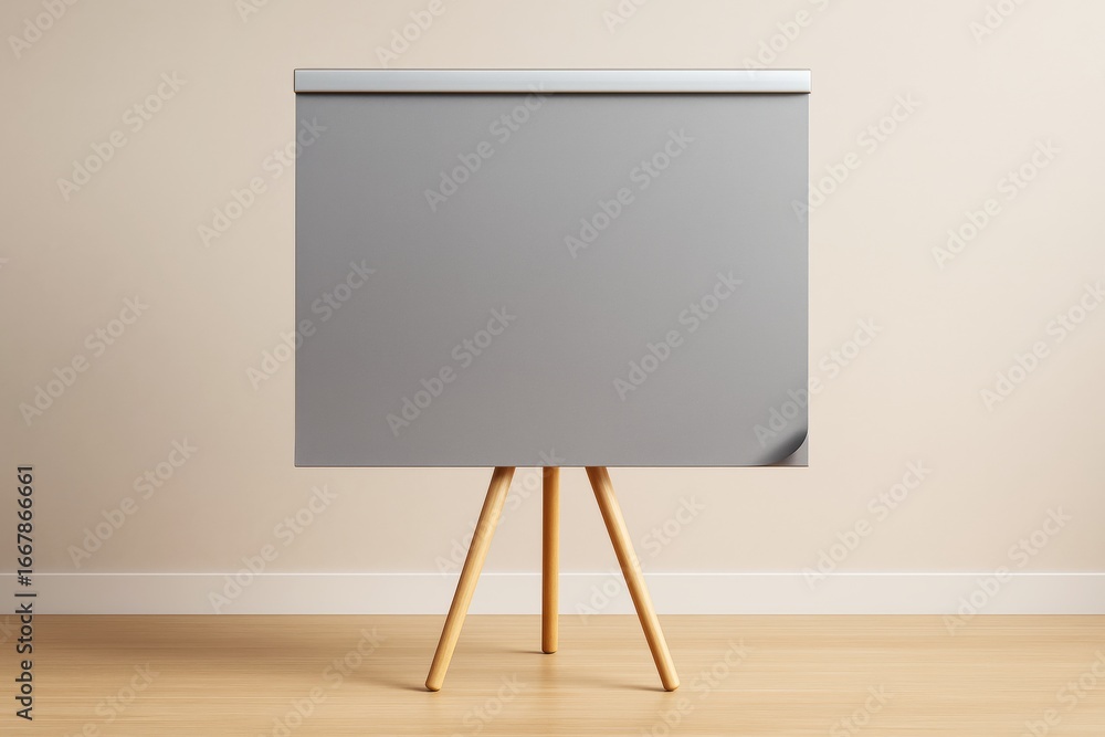 Poster minimalist blank grey poster on wooden tripod stand in clean indoor setting with soft lighting and e