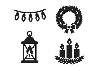 Christmas holiday icon set. Winter solstice decoration glyphs. Festive vector symbols of wreath, advent candles, lantern, and fairy lights. Xmas celebration silhouette.