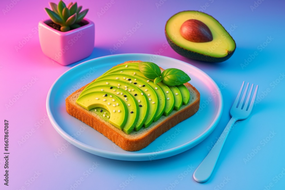 Poster avocado toast with basil leaves on plate in colorful abstract light background with fork and succule