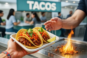 Close-up of freshly prepared tacos served on a plate near flaming grill with people dining in background at modern taco restaurant counter. Ai generative