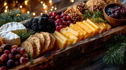 A rustic wooden charcuterie board displays cheese, berries, crackers, and festive decorations for a holiday event.