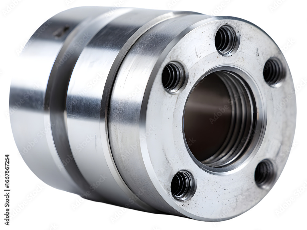 Poster close-up of a polished metal coupling showcasing its intricate design and threading details