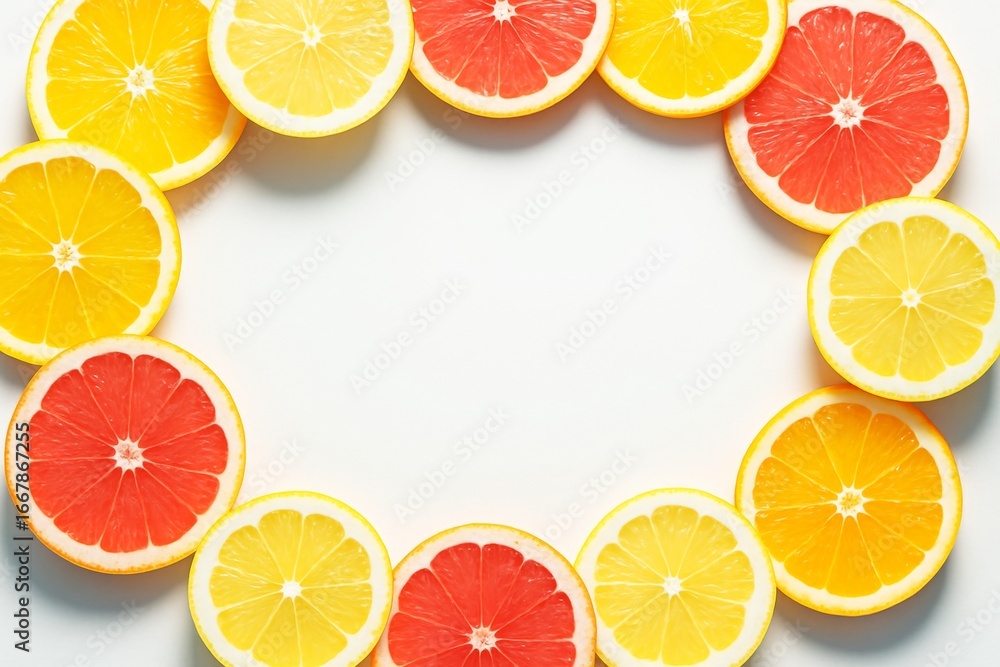 Aufkleber circular frame of citrus fruit slices with vibrant colors on white background as abstract illustrati