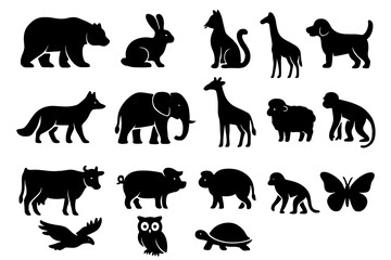 Vector animal silhouette set. Big collection of icons. Wildlife, farm, pet animals. Black graphic logo elements. Bear, cat, dog, elephant, bird, fox, pig, cow, monkey.
