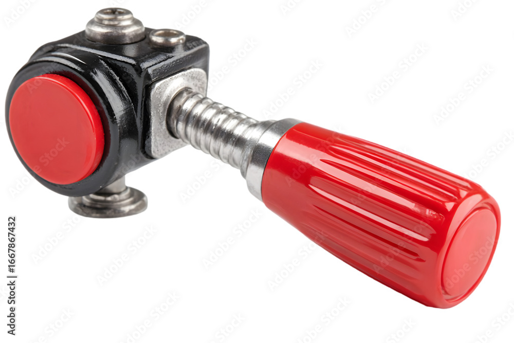 Aufkleber close-up of a mechanical valve with a red handle, showcasing intricate details and functionality