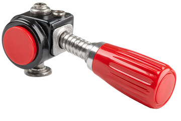Close-up of a mechanical valve with a red handle, showcasing intricate details and functionality