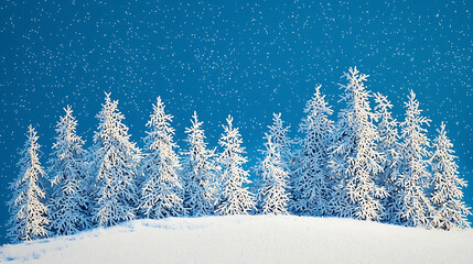 Snow covered pine trees stand tall on a snowy hill, illuminated by the soft glow of a winter sky as snowflakes gently fall, creating a serene and magical winter wonderland scene