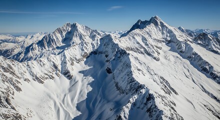 Panoramic aerial view of a majestic snow-covered mountain range with jagged peaks and deep valleys under a clear blue winter sky.