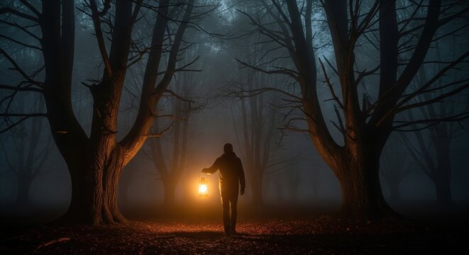 Person with a lantern walking through a dark and foggy forest at night