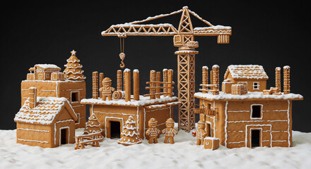 New Year's construction site from gingerbread cookies. Generative AI