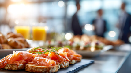 Appetizing salmon canapés and fresh orange juice, perfect for a business lunch or elegant brunch event, promoting healthy lifestyle.