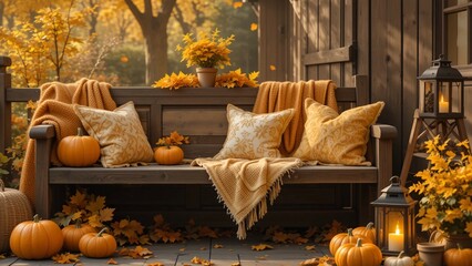 Warm autumn outdoor seating with wooden bench, yellow pumpkins, cozy blankets, golden leaves, glowing lantern, rustic seasonal atmosphere