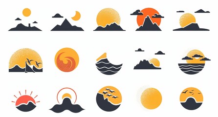 Naklejka premium Abstract landscape icons, various sun/moon/mountain/cloud/water designs
