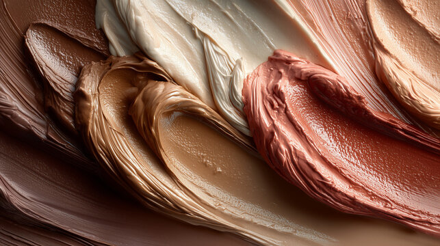 Swatches of cosmetics in different skin tones scattered across the surface. The color range ranges from light beige to dark brown, demonstrating the diversity of cosmetic options
