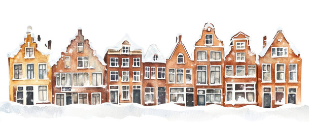 Fototapeta premium PNG Winter European buildings architecture illustration watercolor.