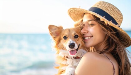 Joyful moment young woman embraces her happy dog at the beach outdoor setting captured in natural light friendship and love theme