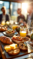 A sun-drenched breakfast spread features a croissant, bruschetta, and pastries, promising a delightful start to the day.
