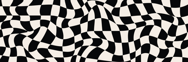 Trippy melting checkerboard. Retro groovy background. Wavy distorted chessboard surface. Psychedelic optical pattern..