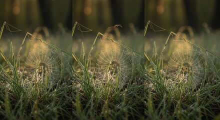 Spiderweb dew in green grass morning nature scene
