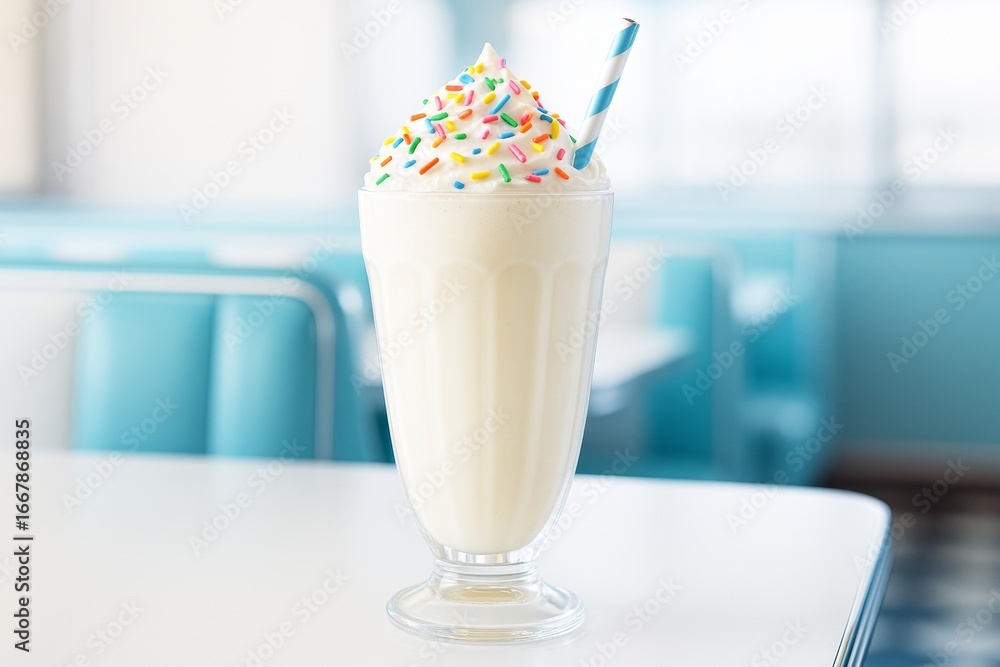 Poster vanilla milkshake with whipped cream and colorful sprinkles in retro diner setting on white table wi