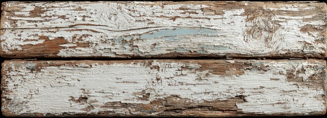 Weathered, distressed wood planks with peeling white paint