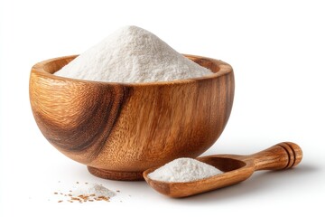 Wooden bowl of flour with scoop