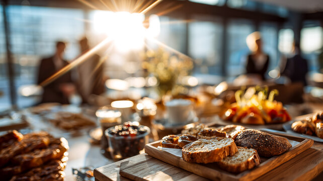 Buffet-style catering with a variety of breads, fruits, and berries, illuminated by sunlight, with people in the background